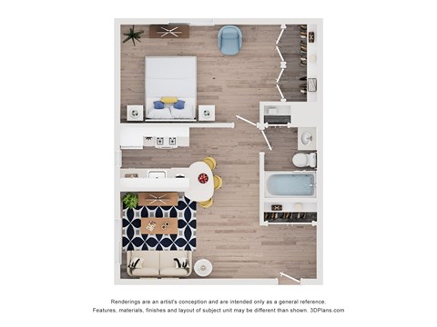 Floor plan for 1 bed, 1 bath, 465 sqft